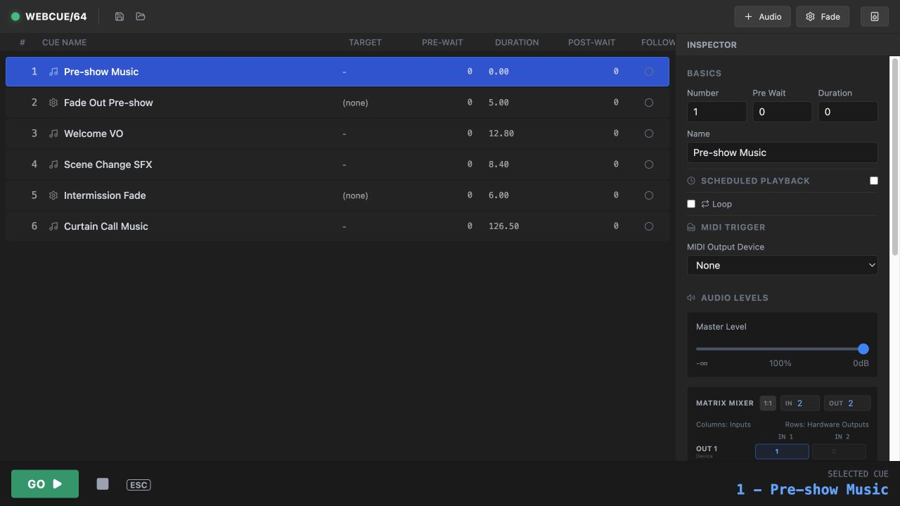 WEBCUE/64 multitrack Cue workspace with playback rows and audio routing inspector